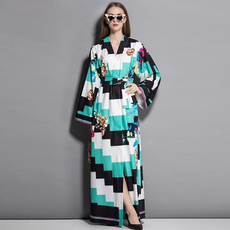 

VERDEJULIAY Runway Pajamas Dresses 2020 Spring Autumn New Fashion Maxi Full Luxury Patchwork Sashes Loose V-Neck Dress Women