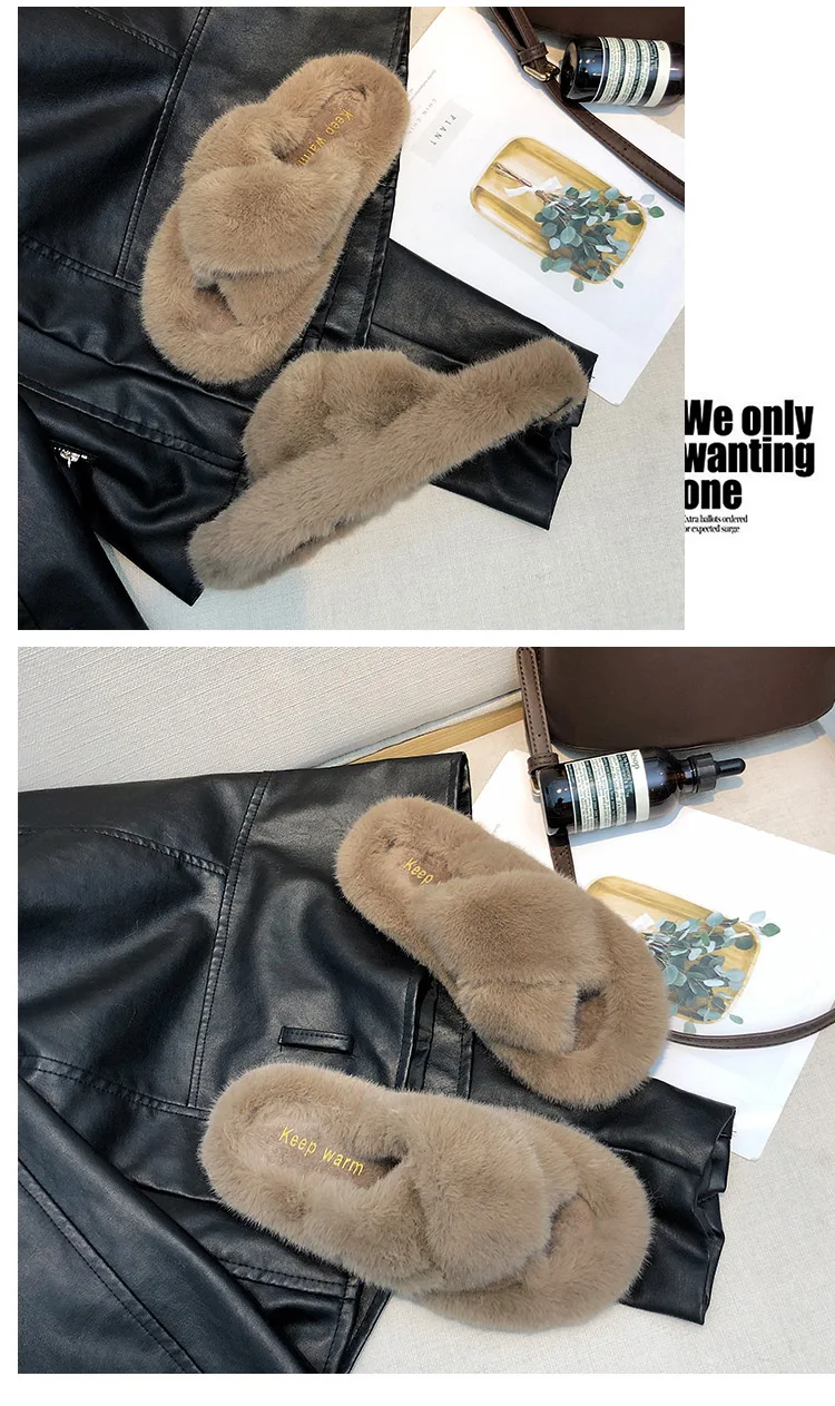 Winter Women Warm Faux Fur Home Slippers Ladies Cross Soft Plush Furry Female Open Toe Women's House Shoes Fashion Woman Slides