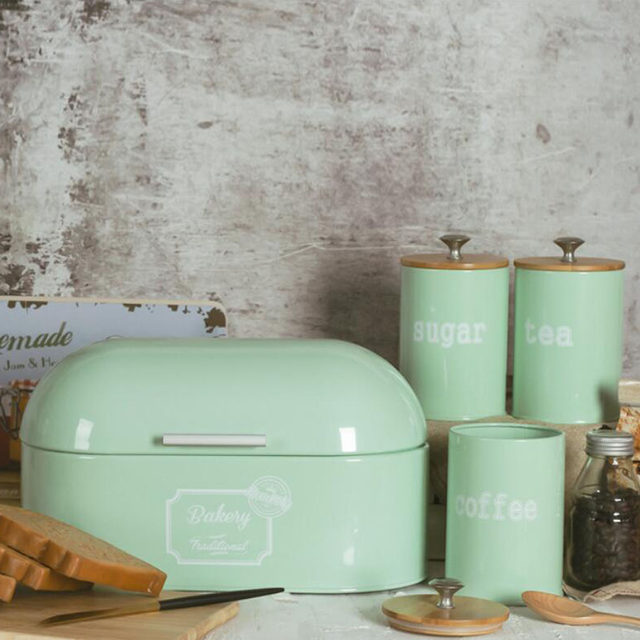 Metal Kitchen Bread Bin with Hinged Lid and 3 Pack Canister set with Airtight Lid - Mint Green
