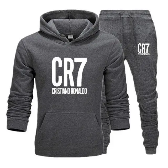 Dark grey-B Мужской спортивный костюм, зимний флисовый капюшон CR7, куртка с принтом+ штаны, толстовка, мужской комплект из 2 предметов, толстовки, спортивный костюм, пальто - Цвет: Dark grey-B
