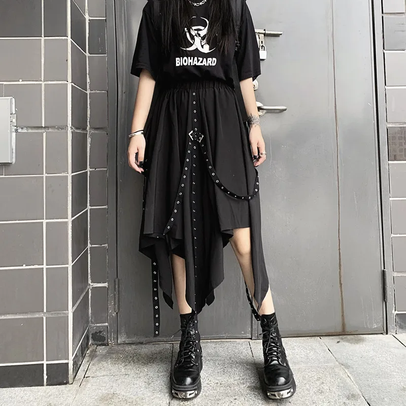 Готический, панк, черный лента юбка женская уличная строчка Пряжка стандартная юбка Свободная Повседневная мода Высокая талия длинная юбка