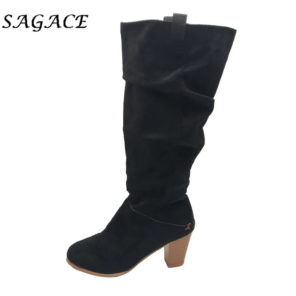 SAGACE/обувь из флока; женские сапоги до колена; женские сапоги на платформе с квадратным каблуком и острым носком без застежки; зимние женские сапоги