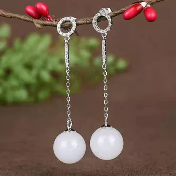 

Drop Shipping Real 925 Sterling Silver Pentagram Drop Earrings Natural Round Jade Bead Wedding Earrings For Women Handmade Gift