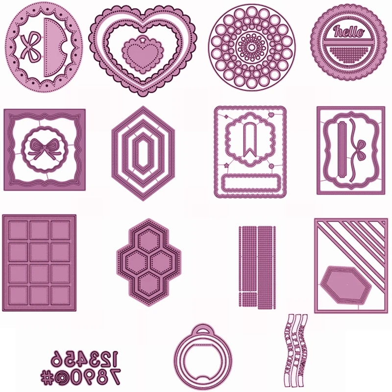 

Metal Cutting Dies Scallop Heart Dot Round Honeycomb Stitched Border Quadrilateral Cover Flip Tag Track Line Number 0-9 DIY Card