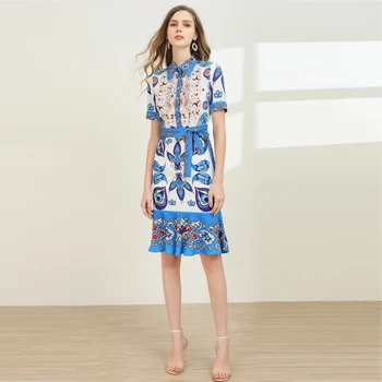 

Xiaomoli Summer fashion retro printing short sleeve mermaid dress, waistband bow classic lapel, 2020 new fashion