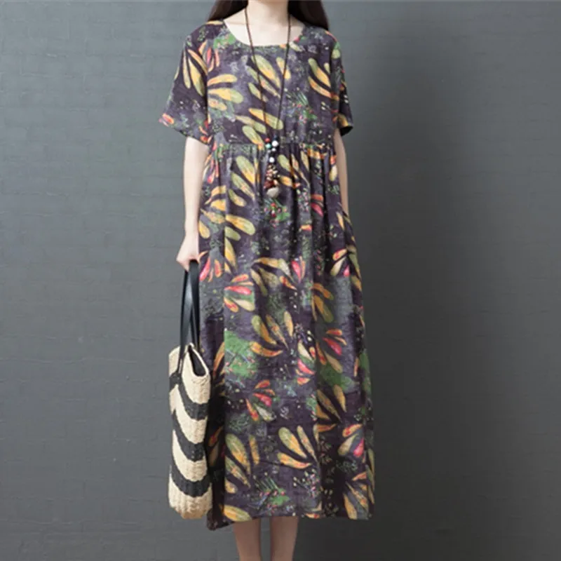 

Uego Summer Dress Soft Cotton Linen Print Floral Vintage Dress Short Sleeve Women Casual Midi Party Dress Vestidos