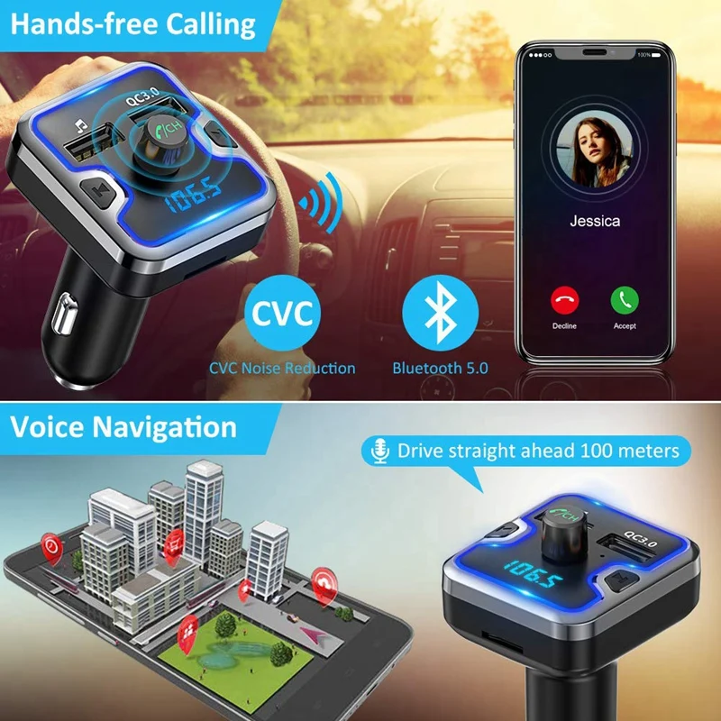 Автомобильный Bluetooth fm-передатчик 7 цветов со светодиодной подсветкой Bluetooth автомобильный адаптер с громкой связью Qc3.0 автомобильное зарядное устройство Поддержка Usb Di