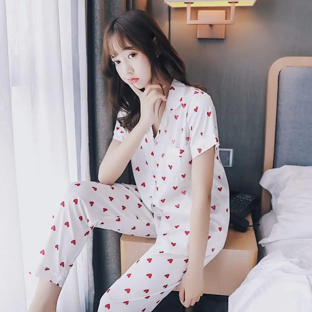 Летняя женская пижама с короткими рукавами Женская комплект длинными штанами