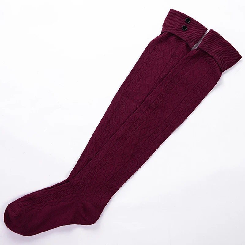 wine red Однотонные вязаные милые чулки длинные носки с пуговицами для школьников, теплые Гольфы выше колена женские гетры-чулки - Цвет: wine red