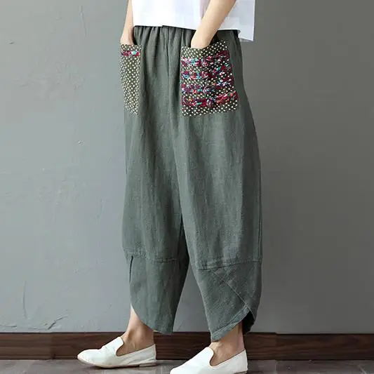 Pantalon femme Этническая винтажная эластичная талия широкие брюки женские льняные хлопковые брюки длиной до щиколотки повседневные брюки палаццо X90