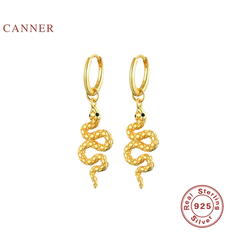 

CANNER Real 925 Sterling Silver Earrings For Women Serpentine Earrings Hoops Zircon Korean Silver Gold Jewelry Pendientes