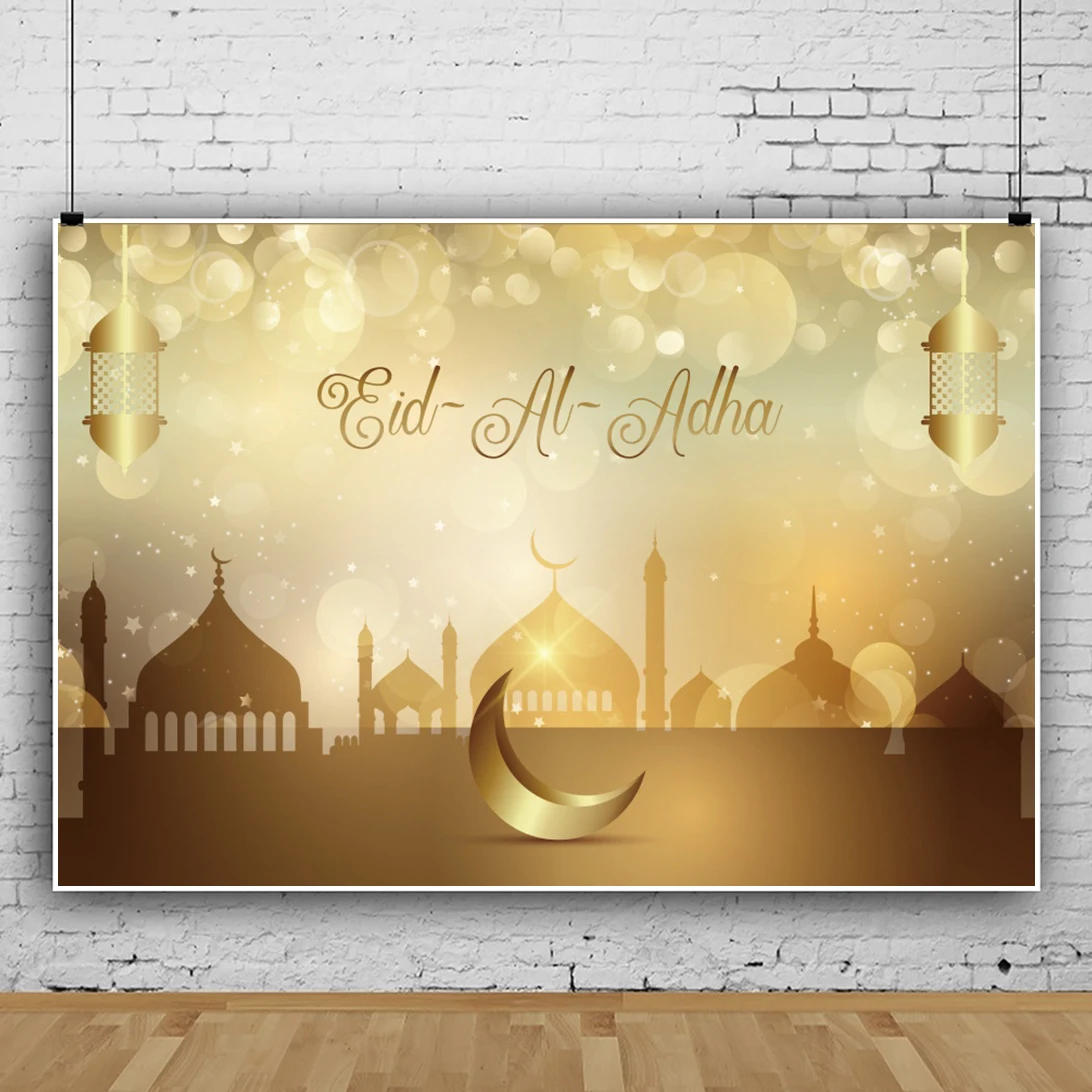 

Laeacco Mosque Ramadan Festivals Photo Backdrops EID AL ADHA Moon Light Bokeh Polka Dots Lantern Poster Photographic Backgrounds