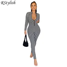 

RStylish Autumn Winter One Piece Jumpsuit Women Fashion Stand Collar Houndstooth Print Long Sleeve Bodysuit Overalls