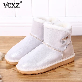 

VCXZ 2020 high quality Special Cowhide Leather Natural Wool Lined Rhinestone Fashion Women Boutique Winter Boots Warm Snow Boots