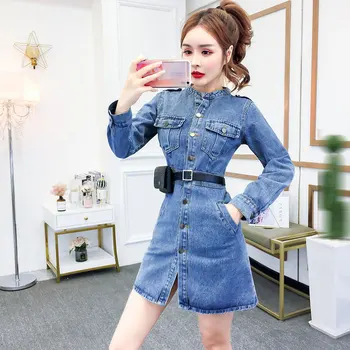 

2020 Women Chic Denim Dress Spring Vintage Stand Collar Long Sleeve Button Cool Vestidos Ladies Elegant Slim Waist Dresses