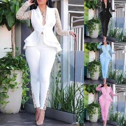 Senhora do escritório de negócios wear uniforme feminino inverno conjunto agasalho manga cheia babados blazers calças terno duas peças conjunto