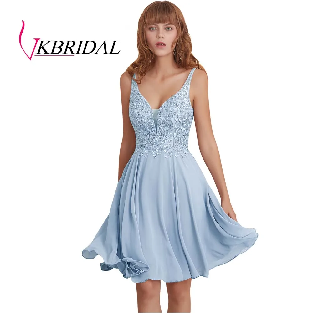 VKBRIDAL сексуальные короткие платья для выпускного вечера с открытой спиной шифоновые аппликационные кружева с бисером милые платья для выпускного вечера - Цвет: sky blue