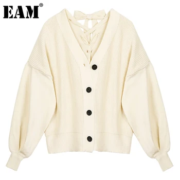 

[EAM] Bow Big Size Knitting Cardigan Sweater Loose Fit V-Neck Long Sleeve Women New Fashion Tide Autumn Winter 2020 1DC008
