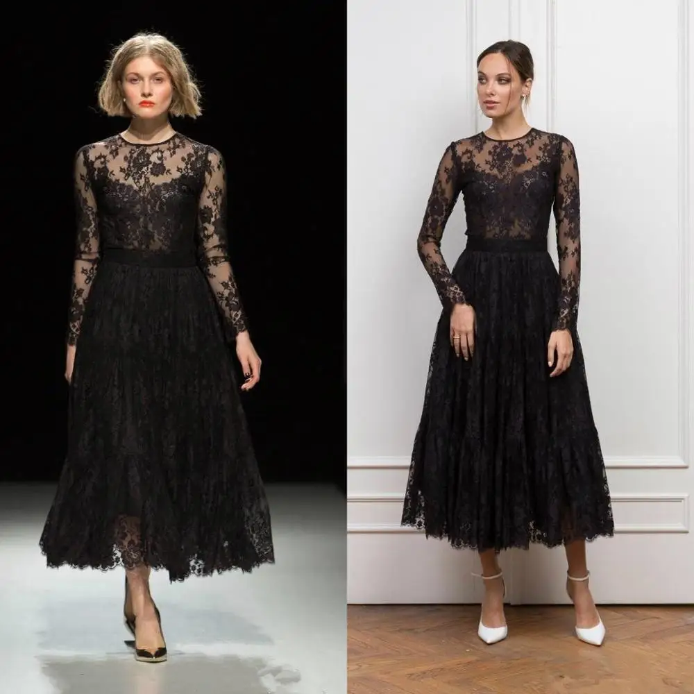 

Gothic Black Tea Length Prom Dresses 2020 Long Sleeve Jewel Neck Full Lace Vintage Gowns Evening Wear