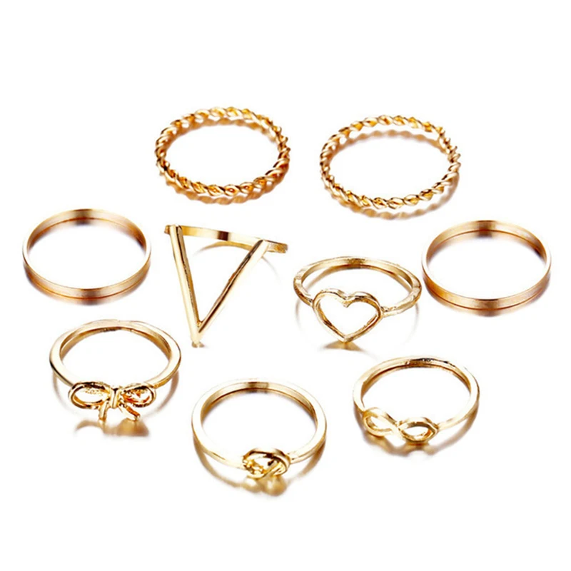 TEH 9 шт. Европейский Американский креативный Ретро этническое металлическое геометрическое кольцо для женщин в форме сердца кольцо бантик женские ювелирные изделия
