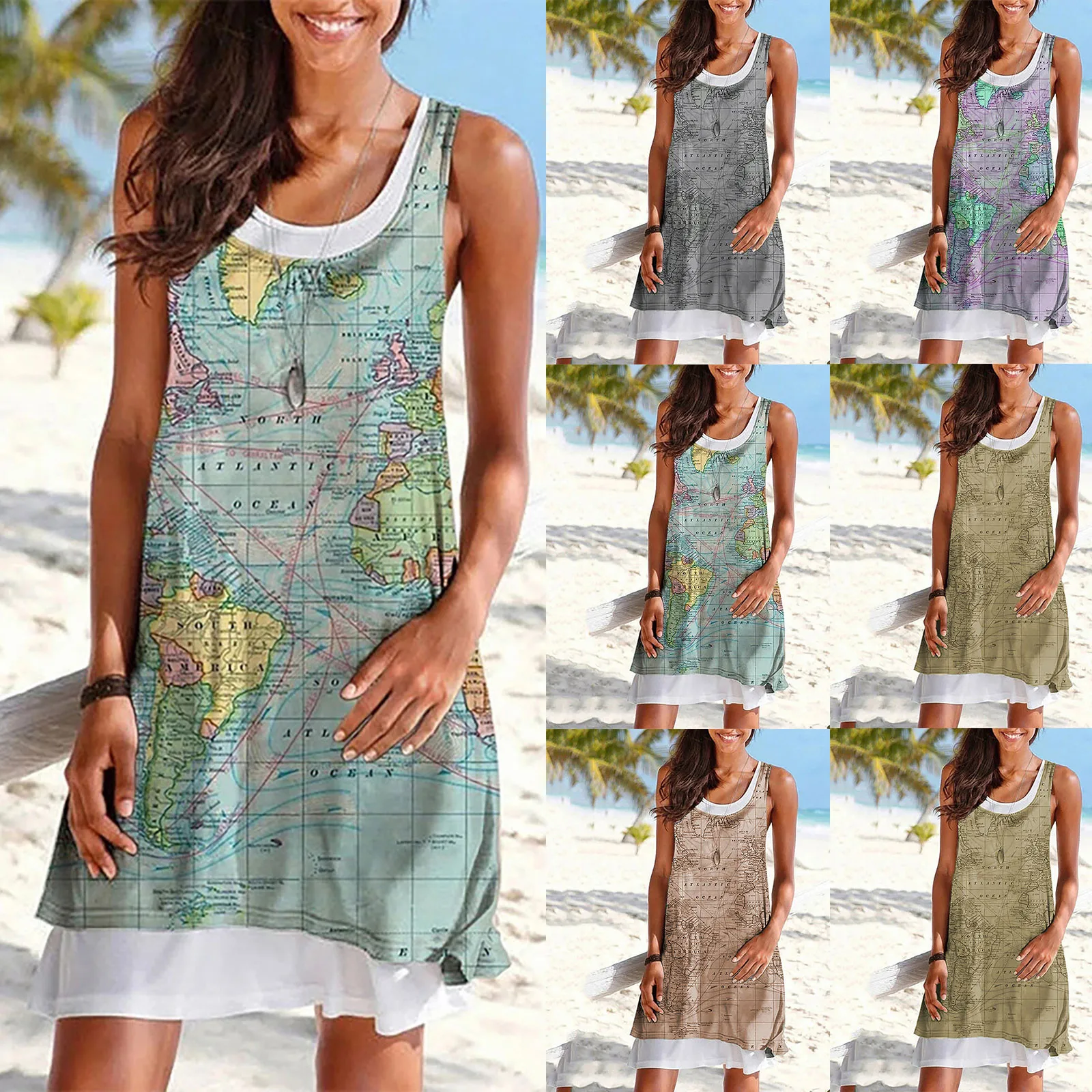 New Women'S Dress Summer Hot Models Map Printing Base Bag Hip Skirt Sleeveless Tight-Fitting Fake 2 Dresses платье летнее 50* |