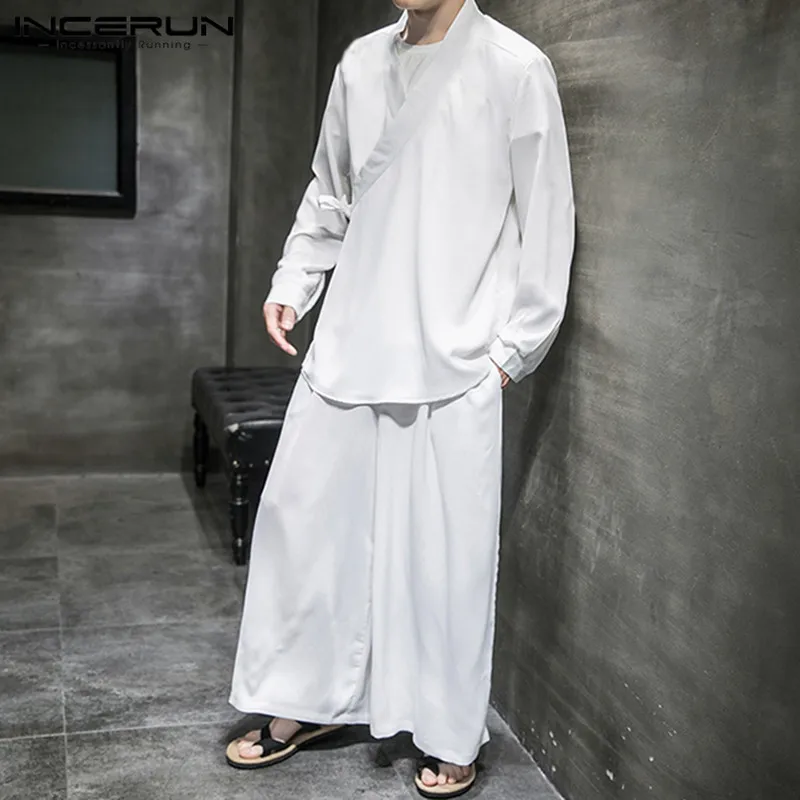 Mens Suits Leg-Pants INCERUN Chinese-Style Shirt Men-Sets Solid-Streetwear Casual Wide