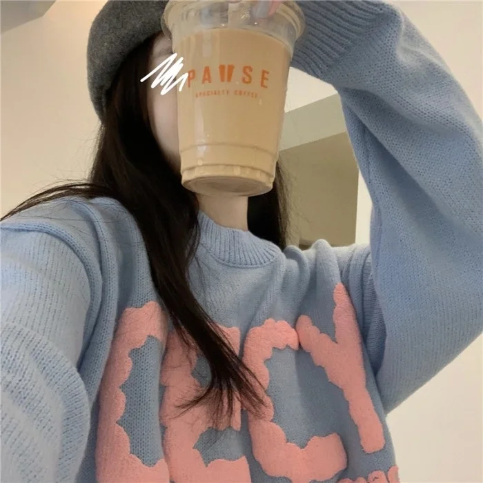 Женский трикотажный пуловер с Вышивкой Букв и длинным рукавом | Женская одежда