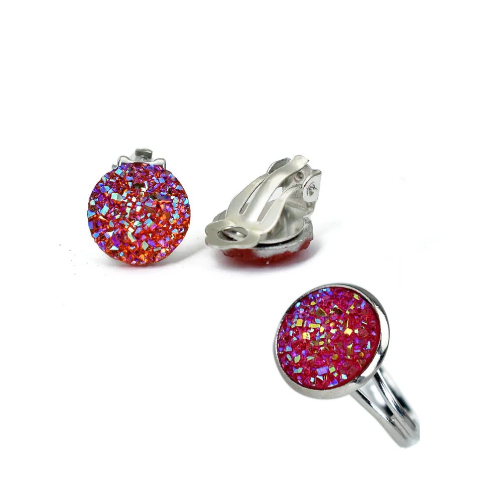 2PCS Wedding Round Jewelry Sets Non Pierced Blue Druzy Resin Stone Ear Clip Earrings For Women Adjustable Open Finger Ring Set