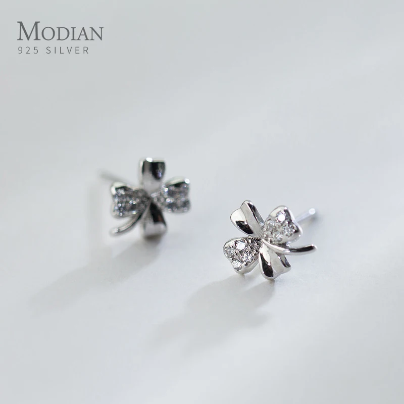 925 Sterling Silver Small Clover Flower Black CZ Stud Earrings for Women Sterling Silver Jewelry 