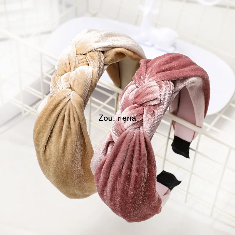

Korean gold velvet Chinese knot cross hairband hand twist whip high-grade solid color fabric headband wholesale