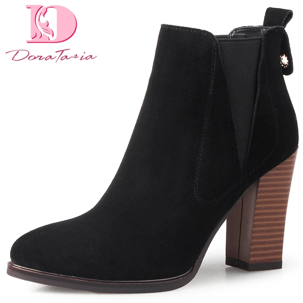 

Doratasia New Arrivals Cow Suede Chunky High Heels Ankle Boots Woman Shoes Slip On Hot Sale Shoes Women Boots Footwear
