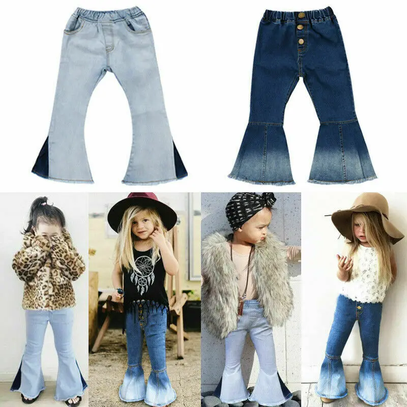 Toddler Kids Baby Girls Wide Leg Denim Bell-Bottoms Long Flare Pants Trousers Jeans Hot Sale Girls Pants