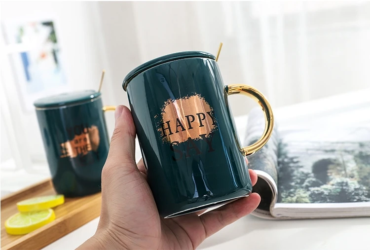 "Happy Say" Современное красивое керамическое кружка с крышкой Ложка для молока кофейная чайная чашка, кружка чашка домашняя офисная кружка подарок