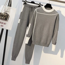 DEAT Autumn Women Knitted Two Piece Set Casual Sportsuit O Neck Long Sleeve Pullover Sweater Pants Set Tracksuit MG987