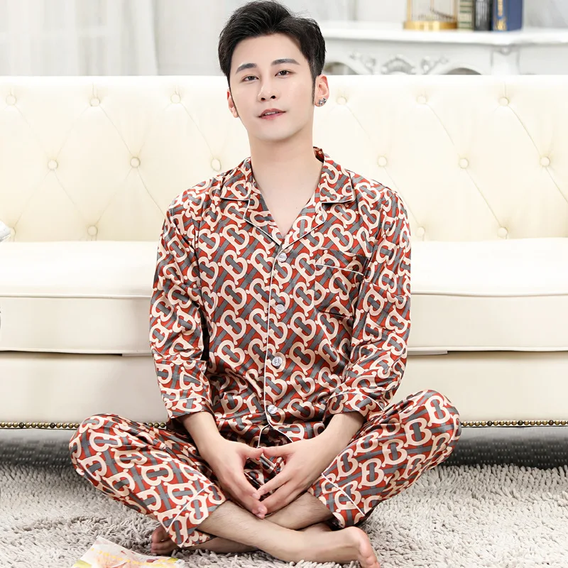 satin pajamas Pajama Set High Quality Silk Pajama for Men Sleep Tops Trousers Two Pieces Long Sleeved Sleepwear Satin Set Plus Size Pyjamas plaid pajama pants