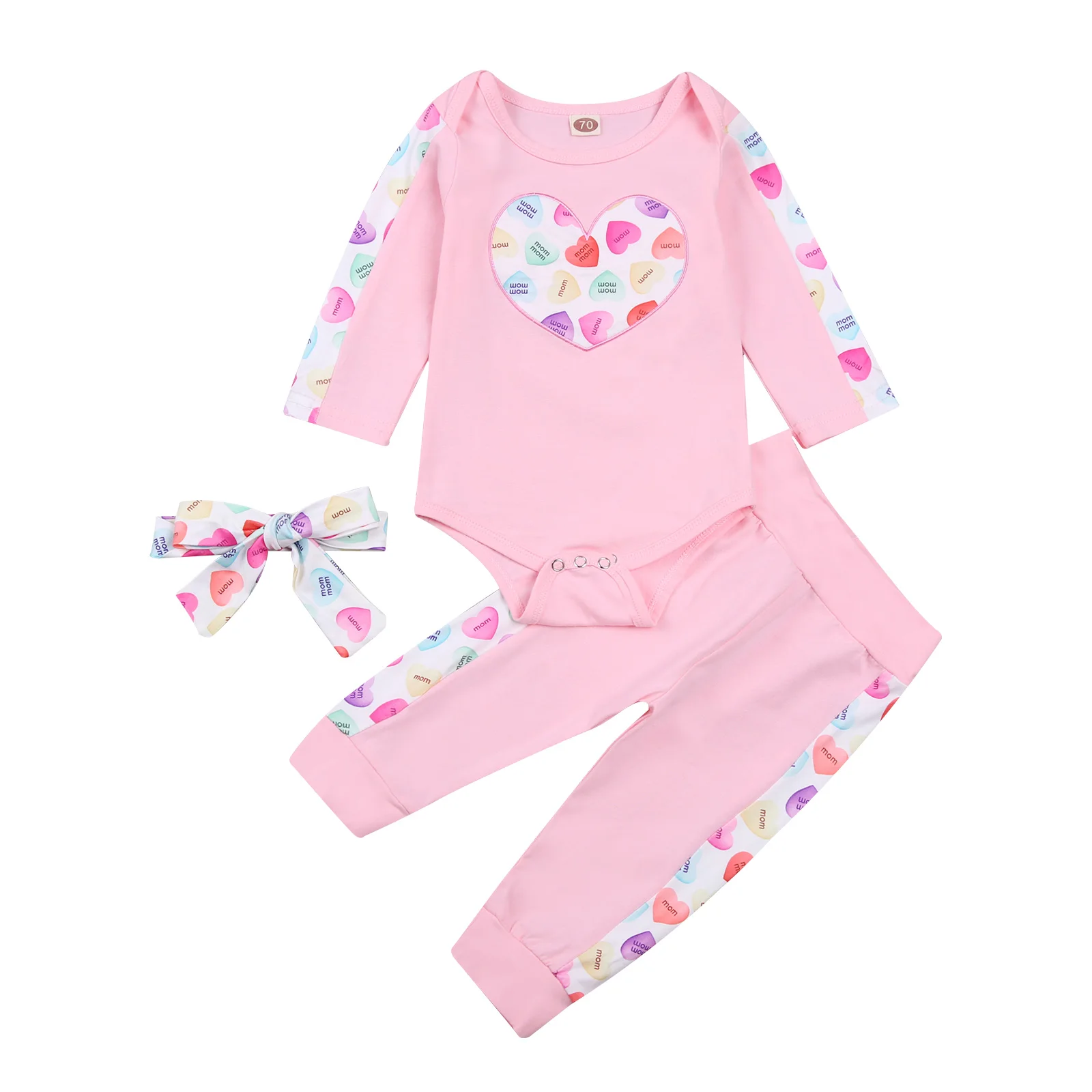 

2020 New Fall Autumn 3-24M Toddler Baby Girl 3Pcs Set Heart Print Colorful Patchwork Ruffled Long Sleeve Pink Bodysuit+Pants+Bow