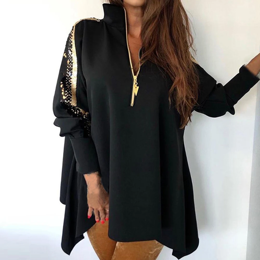 

SFIT Women Sequins Mini Dress 2020 Fashion Sexy Long Sleeve Loose Party Dress Female Zipper V-neck Spring Autumn Dress Vestido