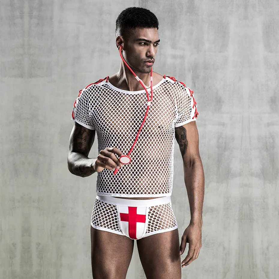 JSY Sexy Cosplay Lingerie Set Men Doctor Uniform Mesh Underwear Erotic Catsuit Bodysuit Lingerie Sexy Role Play Clubwear Outfits
