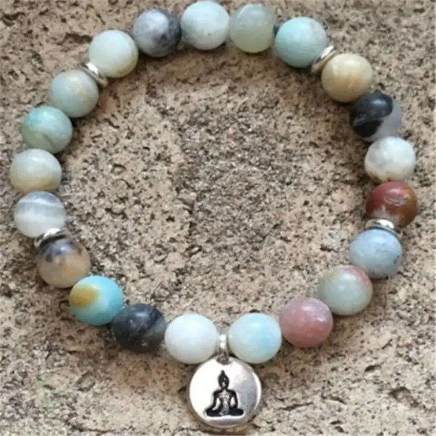 

8mm Amazonium bracelet Chakras Tibet silver Cuff Sutra Healing Wrist Buddhism Handmade Meditation Stretchy Monk Energy Pray