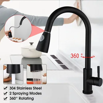 

Black Pull Out Kitchen Faucets 2 Spraying Modes 360 Degrees Rotating Stainless Steel Single Hole Bathroom Basin Sink Water Tap