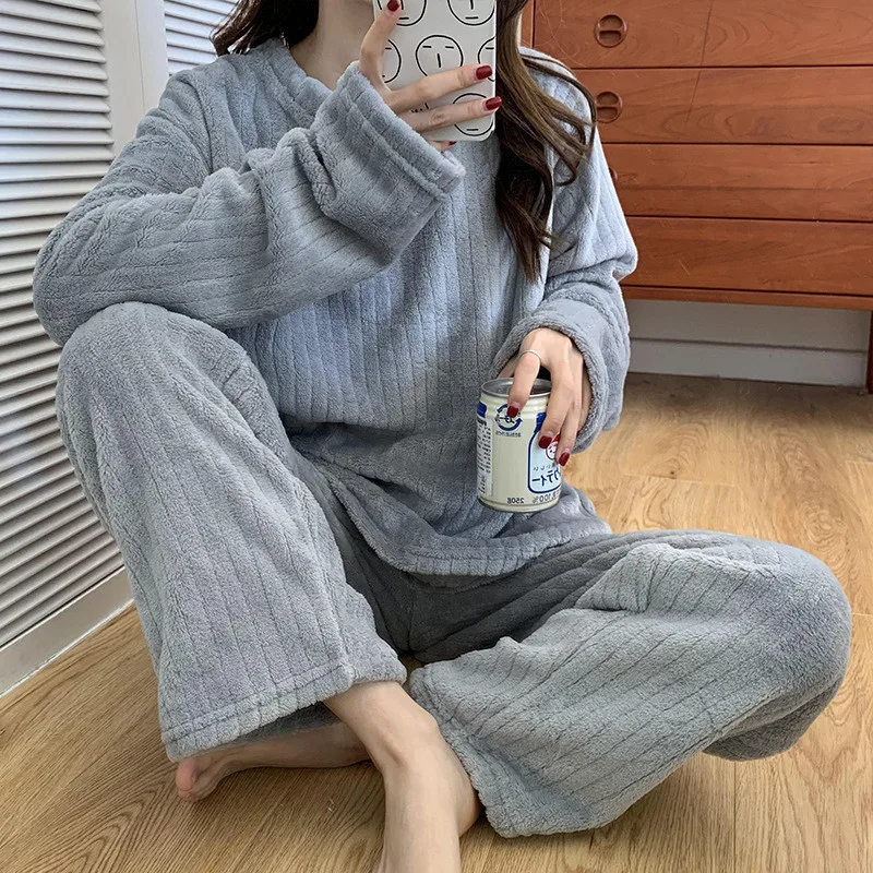 2021 Women Winter Flannel Pajama Set Long Sleeve Striped Loungewear Loose Elastic Waist Thick Warm Sleepwear Home Clothing