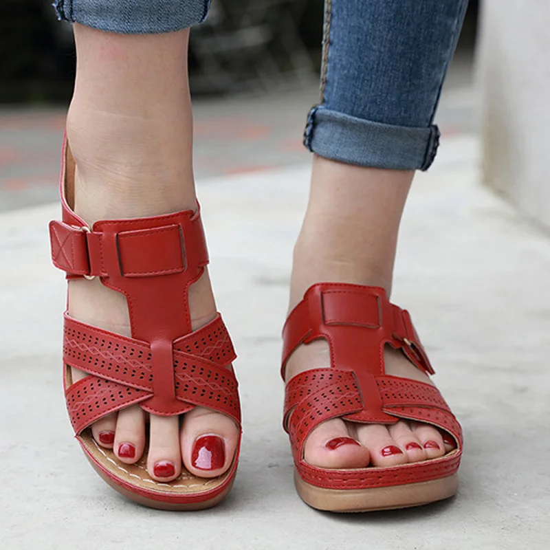 

2020 New Summer Women Premium Orthopedic Open Toe Sandals Vintage Antislip Breathable Leather Casual Female Platform Retro Shoes