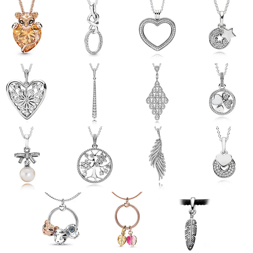 

925 Sterling Silver Pendant Beads Gold Rose Silver Leopard Heart Hedgehog Owl Feather With Pearl For Women 925 Necklace