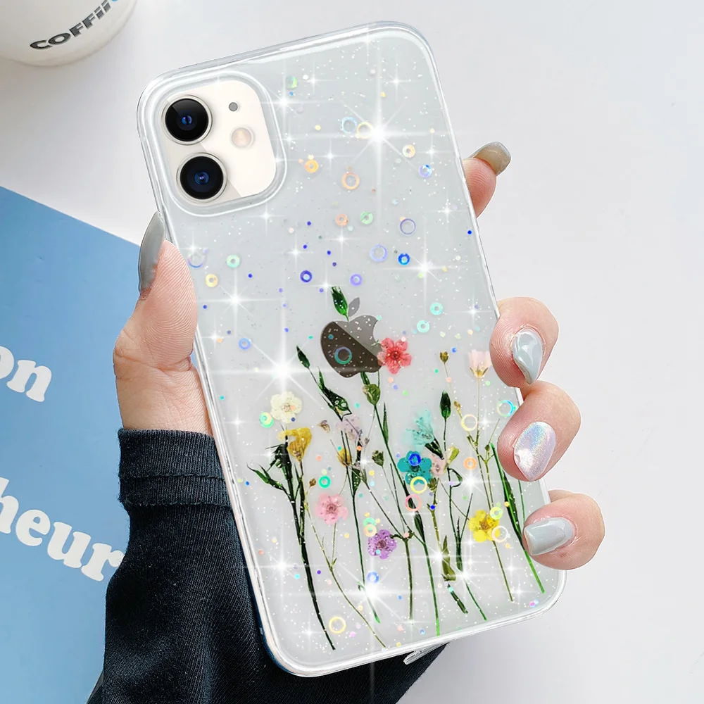 Stylish Dried Pressed Flower Grass Cover For iPhone 11 Pro Max Glitter