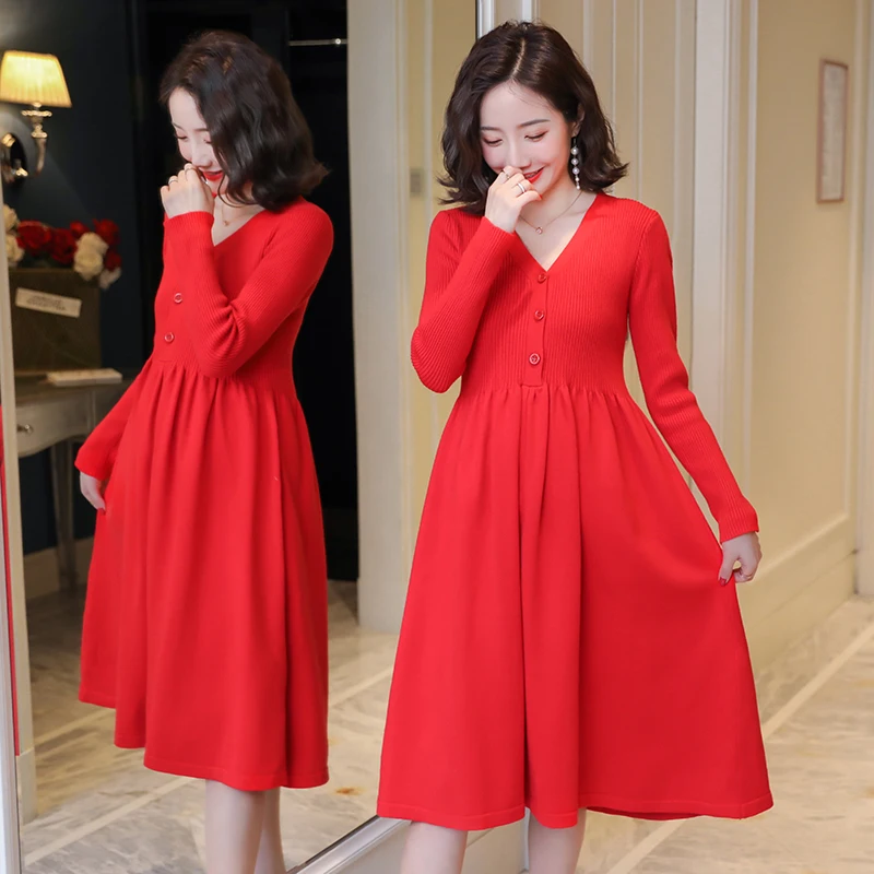 red maternity sweater dress