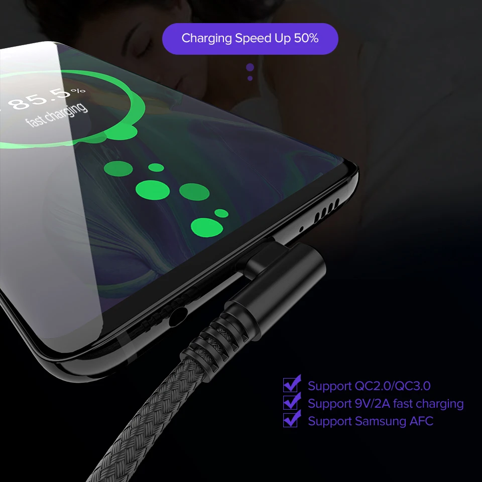 Venroii 90 градусов Micro USB кабель для samsung huawei Xiaomi USB изгиб игра Быстрый зарядный кабель Android мобильный телефон зарядный шнур