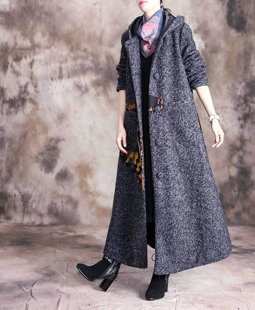 Women Winter Loose Hooded Woolen Coat Outerwear Ladies Hooded Long Coat Overcoat Female Patchwork Topcoat Thick Coat