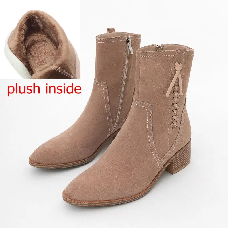plush inside ALLBITEFO brand high heels genuine leather ankle boots for women thick heel winter/autumn leather boots women boots size:34-42 - Цвет: plush inside