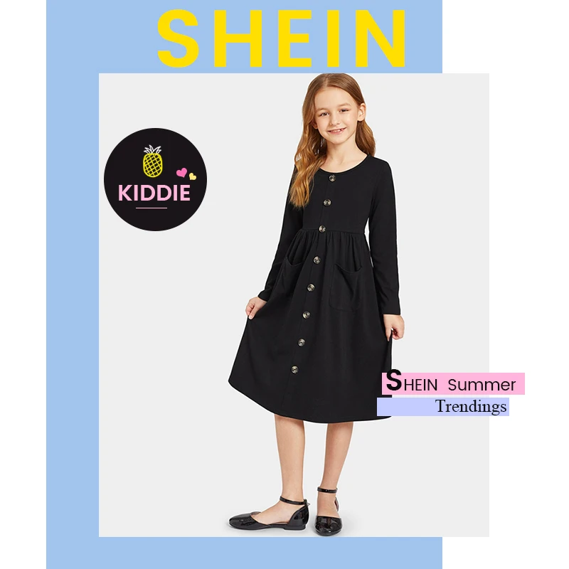 SHEIN Kiddie/черное однотонное плиссированное платье с одной пуговицей спереди для девочек г. Осенние повседневные миди-платья с длинными рукавами и двойным карманом