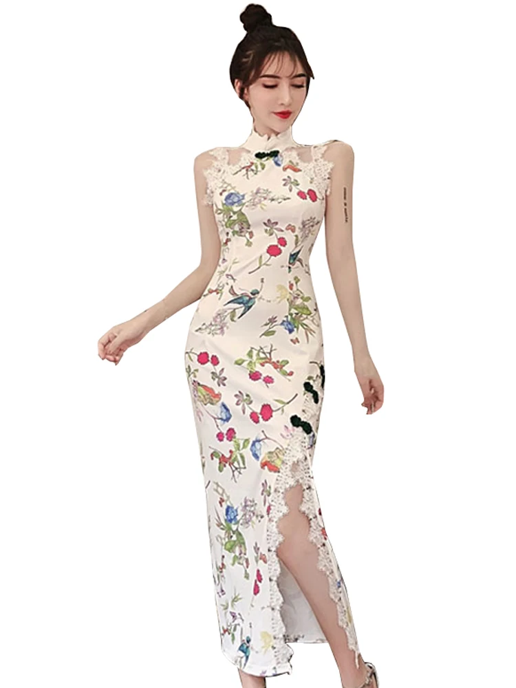Китайское платье cheongsam qipao платье vestido chino халат атласное кружевное восточное платье cheongsam нижнее белье с косой вилкой